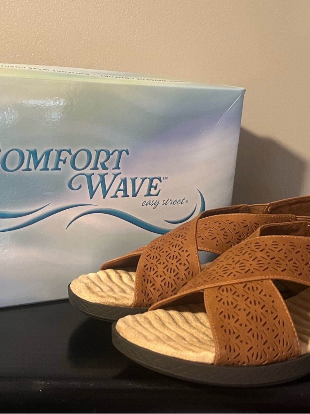 easy street Tan Perforated Slide Sandals